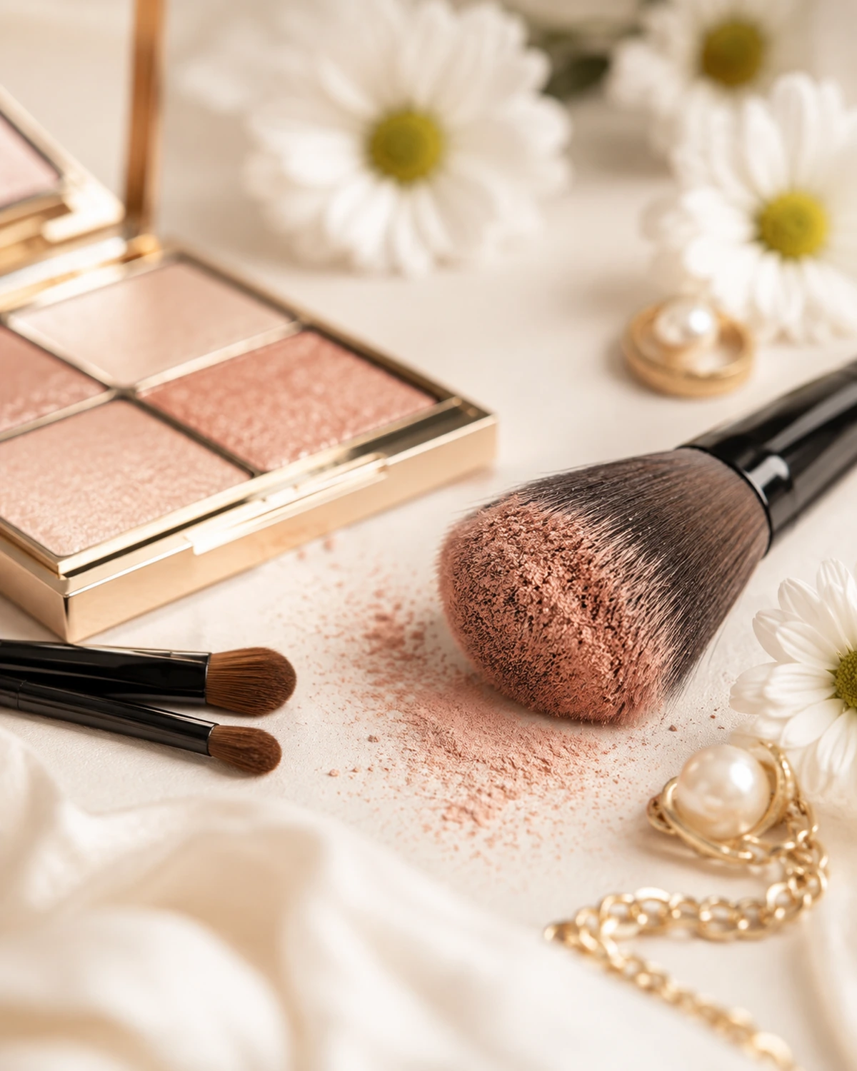 Close-up beauty still life with makeup palette, powder brush and daisy accents